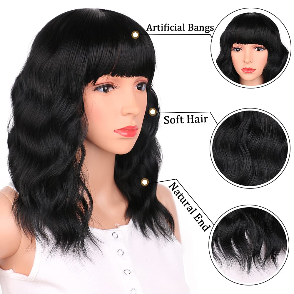 Black Mixed Brown Wig for Black Women 14 Inch Short Wavy Hair Wigs Curly Bob Wig with Bangs Wigs Shoulder Length Wigs for Black Women Bob Style Synthetic Heat Resistant Bob Wigs