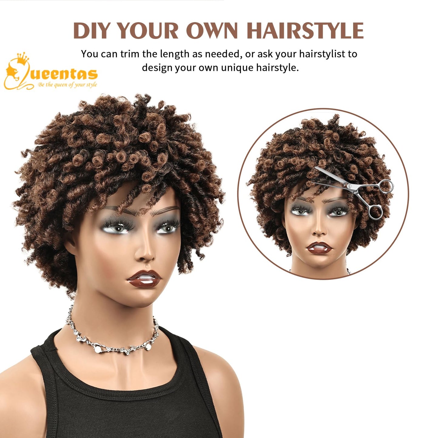 QUEENTAS Dreadlock Wigs for Black Women and Men Short Curly Big Afro Braided Wigs Faux Locs Twist Braiding Synthetic Wigs (Black to Brown)