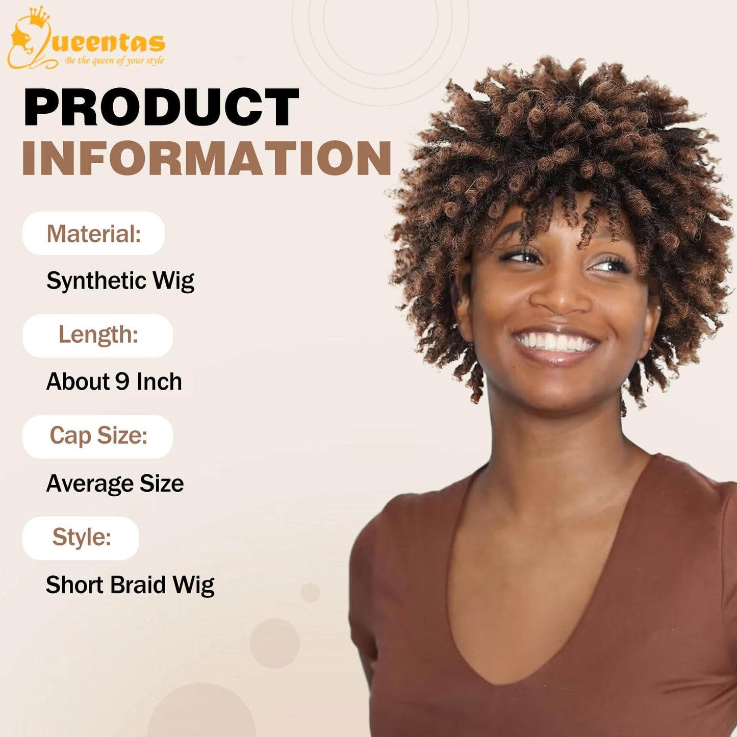 QUEENTAS Dreadlock Wigs for Black Women and Men Short Curly Big Afro Braided Wigs Faux Locs Twist Braiding Synthetic Wigs (Black to Brown)