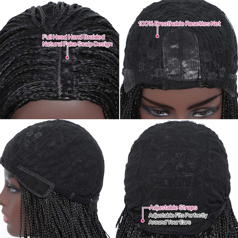 Box Braid Wig Synthetic Short Bob Wig Box Braided Wig with Bangs Cornrow Braided Wigs for Black Women (10 inches, Brown)