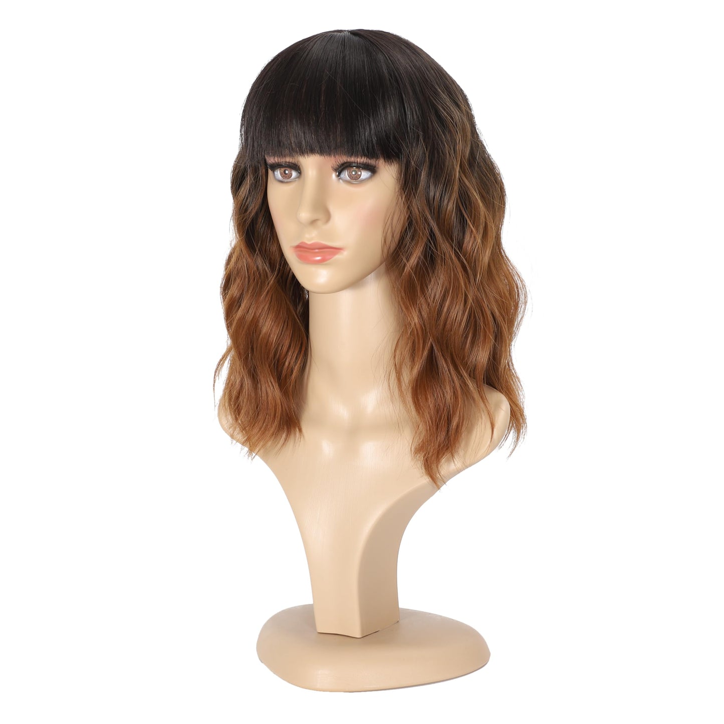 Black Mixed Brown Wig for Black Women 14 Inch Short Wavy Hair Wigs Curly Bob Wig with Bangs Wigs Shoulder Length Wigs for Black Women Bob Style Synthetic Heat Resistant Bob Wigs