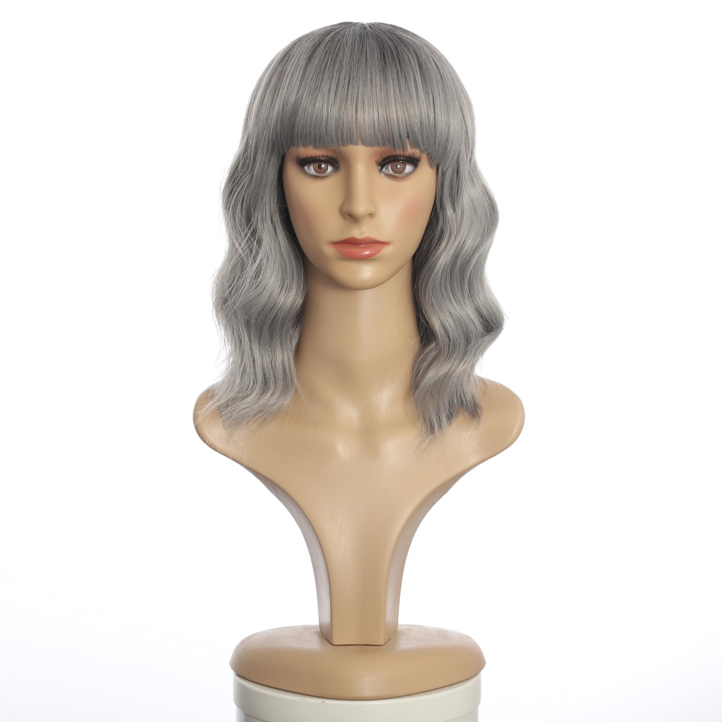 Black Mixed Brown Wig for Black Women 14 Inch Short Wavy Hair Wigs Curly Bob Wig with Bangs Wigs Shoulder Length Wigs for Black Women Bob Style Synthetic Heat Resistant Bob Wigs