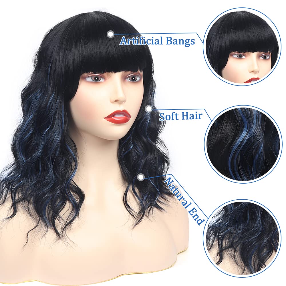 Black Mixed Brown Wig for Black Women 14 Inch Short Wavy Hair Wigs Curly Bob Wig with Bangs Wigs Shoulder Length Wigs for Black Women Bob Style Synthetic Heat Resistant Bob Wigs