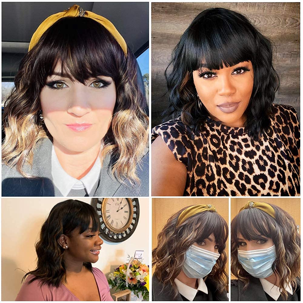 Black Mixed Brown Wig for Black Women 14 Inch Short Wavy Hair Wigs Curly Bob Wig with Bangs Wigs Shoulder Length Wigs for Black Women Bob Style Synthetic Heat Resistant Bob Wigs