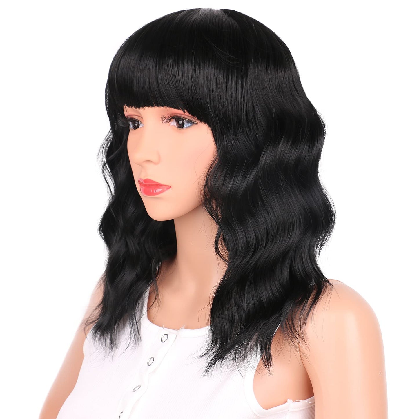 Black Mixed Brown Wig for Black Women 14 Inch Short Wavy Hair Wigs Curly Bob Wig with Bangs Wigs Shoulder Length Wigs for Black Women Bob Style Synthetic Heat Resistant Bob Wigs