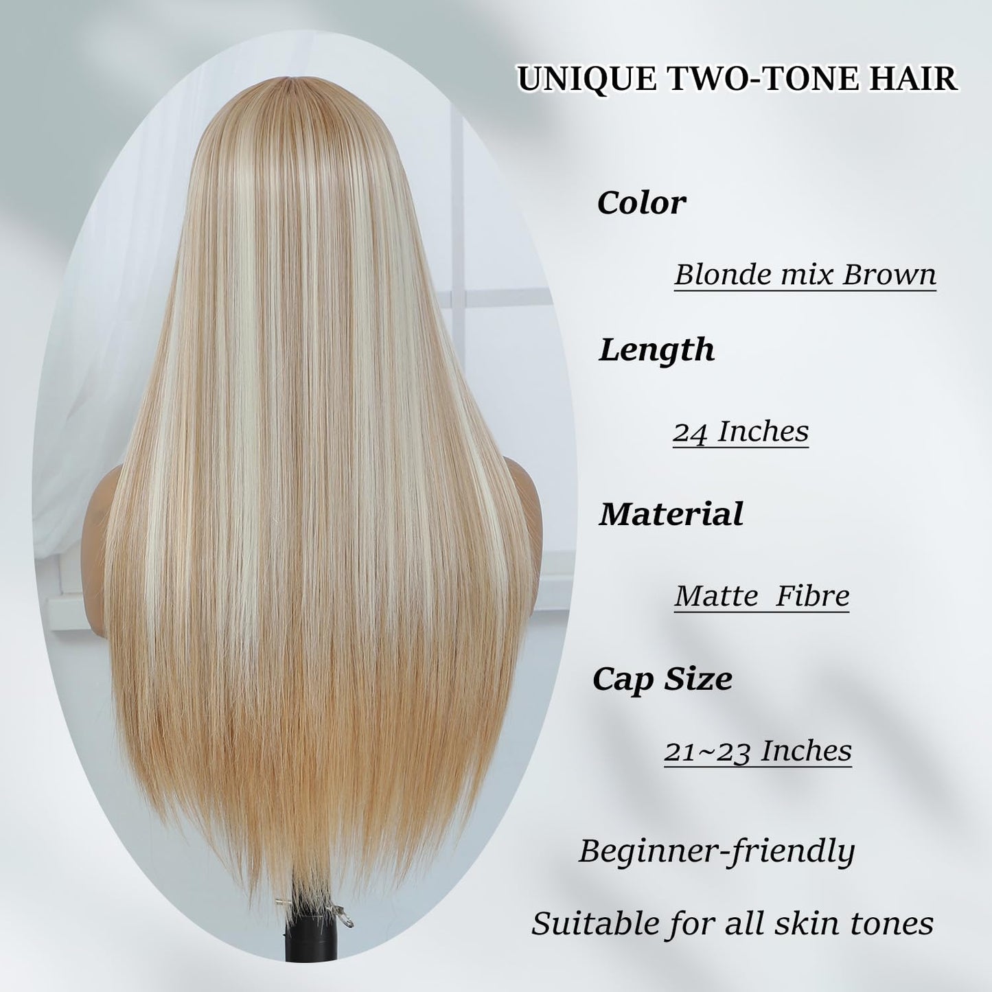 Blonde Highlight Wigs for Women, Blonde Mix Brown Wig with Bangs Silky Soft Fiber Synthetic Wig for Daily Party Use(24 Inch,Blonde Highlight)