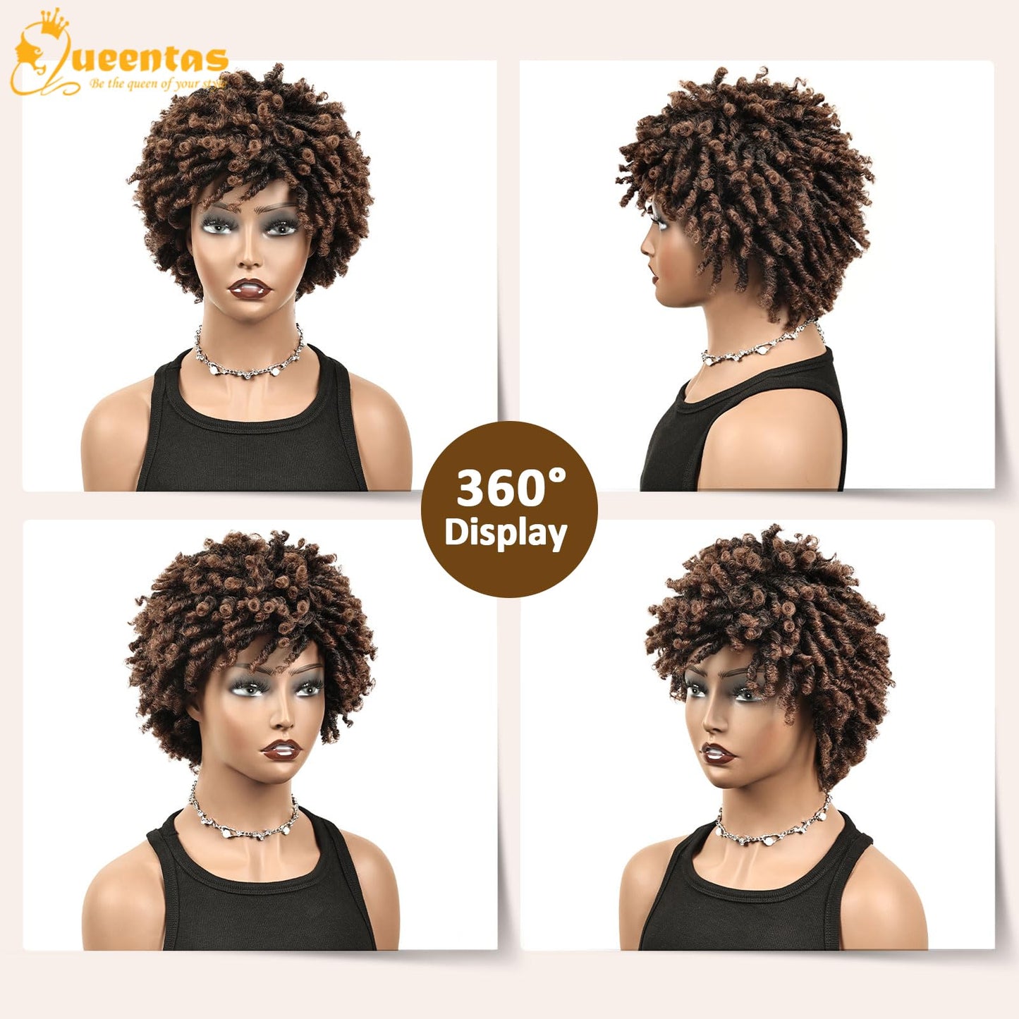 QUEENTAS Dreadlock Wigs for Black Women and Men Short Curly Big Afro Braided Wigs Faux Locs Twist Braiding Synthetic Wigs (Black to Brown)