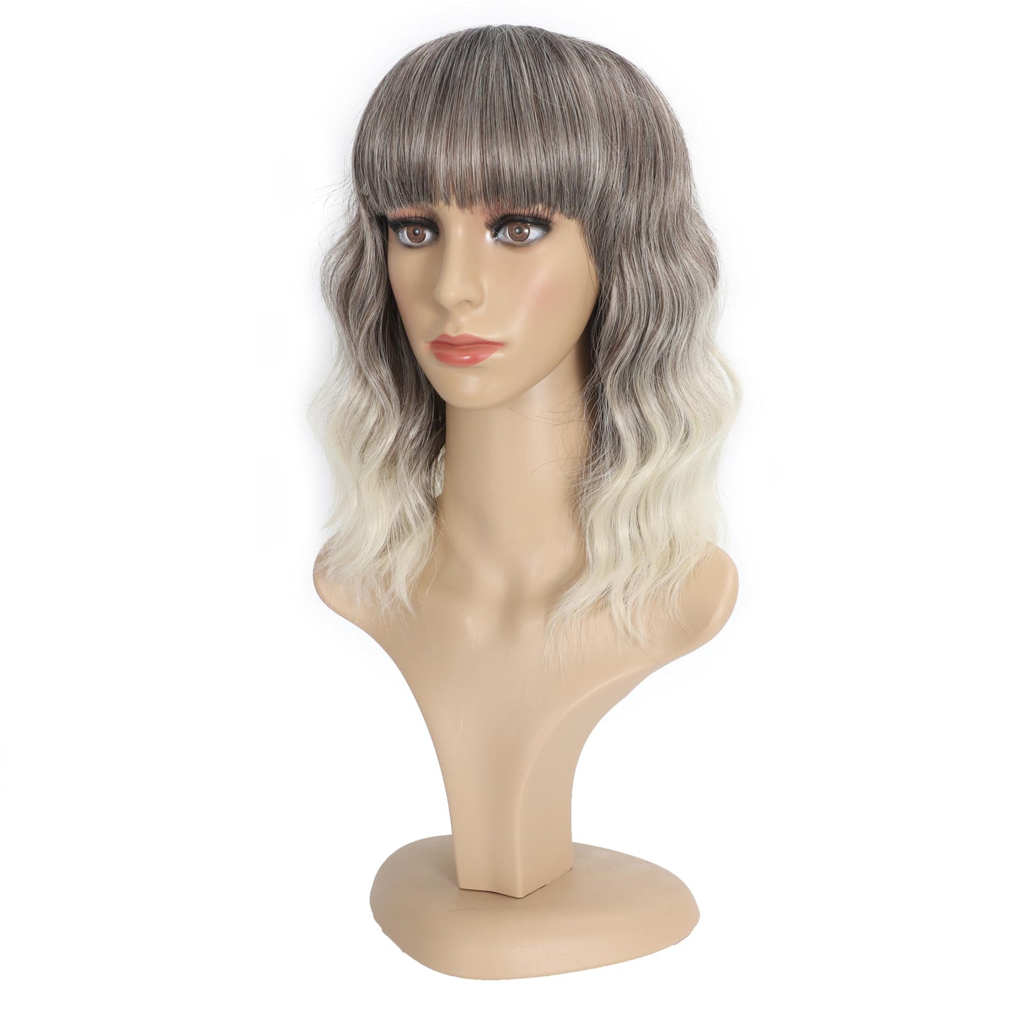 Black Mixed Brown Wig for Black Women 14 Inch Short Wavy Hair Wigs Curly Bob Wig with Bangs Wigs Shoulder Length Wigs for Black Women Bob Style Synthetic Heat Resistant Bob Wigs