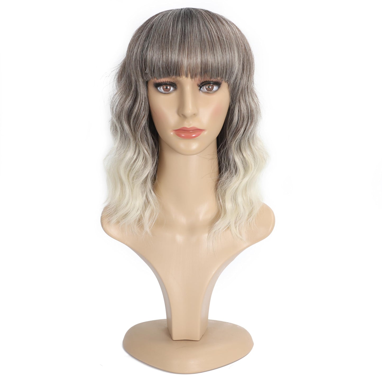Black Mixed Brown Wig for Black Women 14 Inch Short Wavy Hair Wigs Curly Bob Wig with Bangs Wigs Shoulder Length Wigs for Black Women Bob Style Synthetic Heat Resistant Bob Wigs