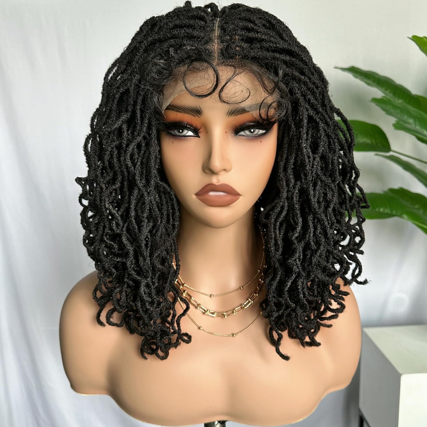SOKU Short Curly Faux Locs Lace Frontal Wig 12 Inch Natural Black 4x4 Large Parting Space Twist Dreadlock Wigs for Black Women Afro Curly Braided Synthetic Wig