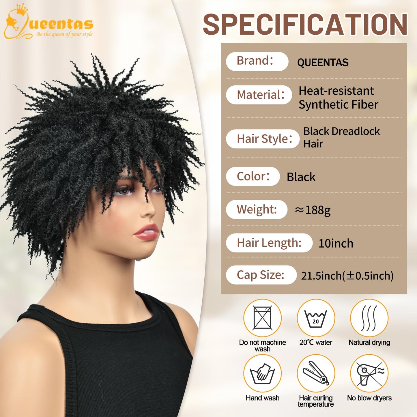 QUEENTAS Dreadlock Wigs for Black Women and Men Short Curly Big Afro Braided Wigs Faux Locs Twist Braiding Synthetic Wigs (Black to Brown)