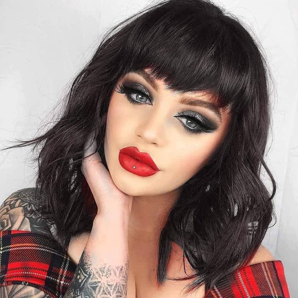 Black Mixed Brown Wig for Black Women 14 Inch Short Wavy Hair Wigs Curly Bob Wig with Bangs Wigs Shoulder Length Wigs for Black Women Bob Style Synthetic Heat Resistant Bob Wigs