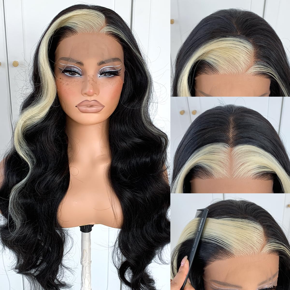13x6 Skunk Stripe Wig Glueless Lace Front Wigs Pre Plucked Synthetic Body Wave blonde wig Wear and Go lace front wig for black women