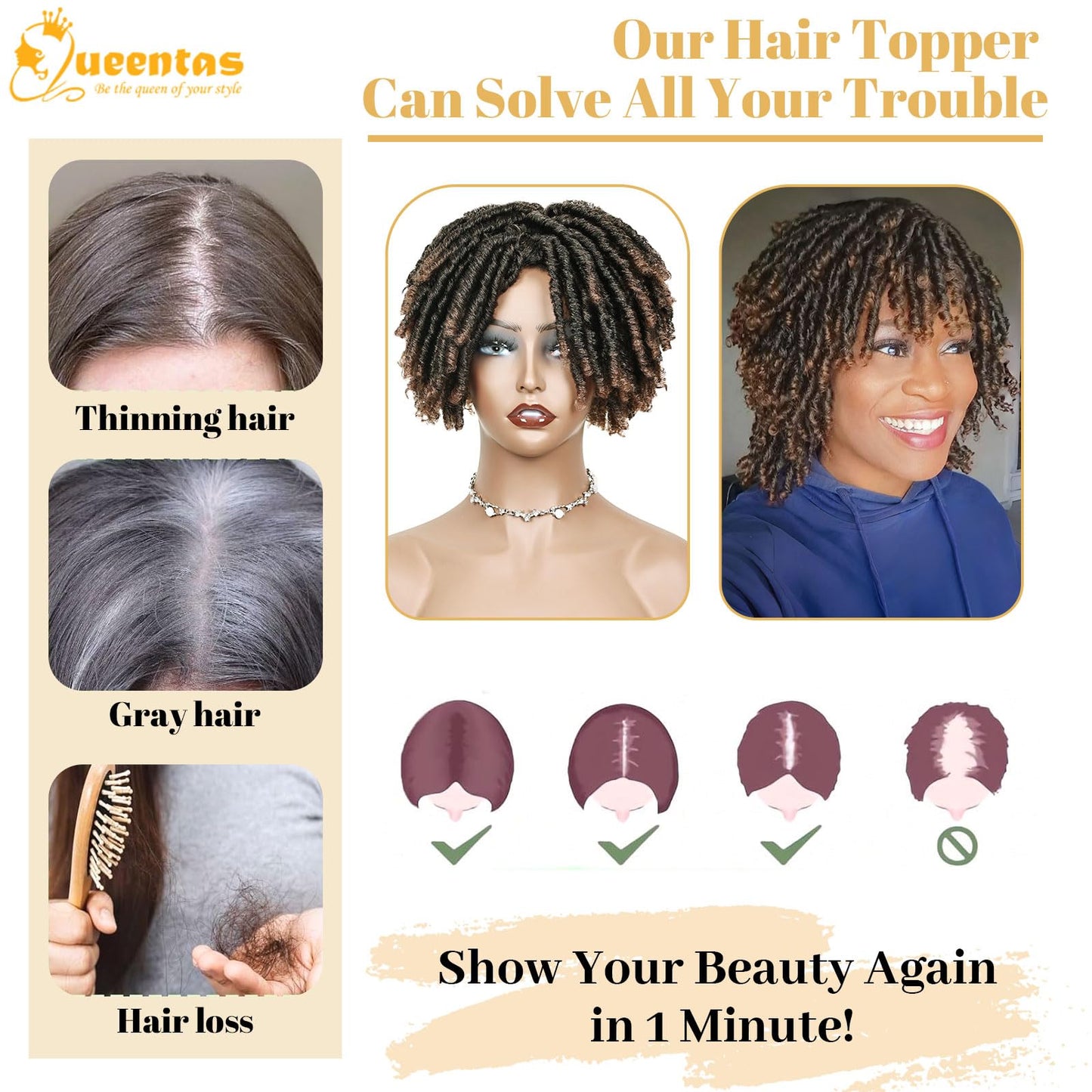 QUEENTAS Dreadlock Wigs for Black Women and Men Short Curly Big Afro Braided Wigs Faux Locs Twist Braiding Synthetic Wigs (Black to Brown)