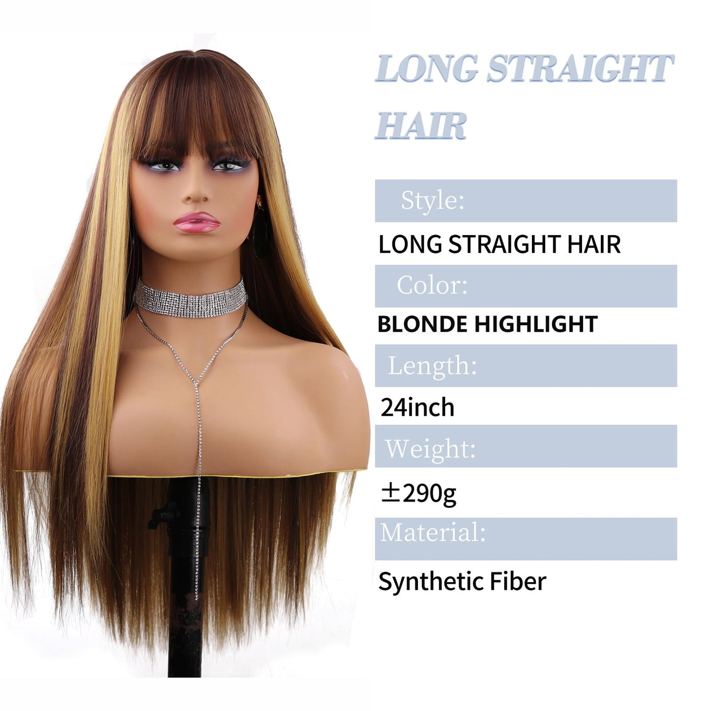 Blonde Highlight Wigs for Women, Blonde Mix Brown Wig with Bangs Silky Soft Fiber Synthetic Wig for Daily Party Use(24 Inch,Blonde Highlight)