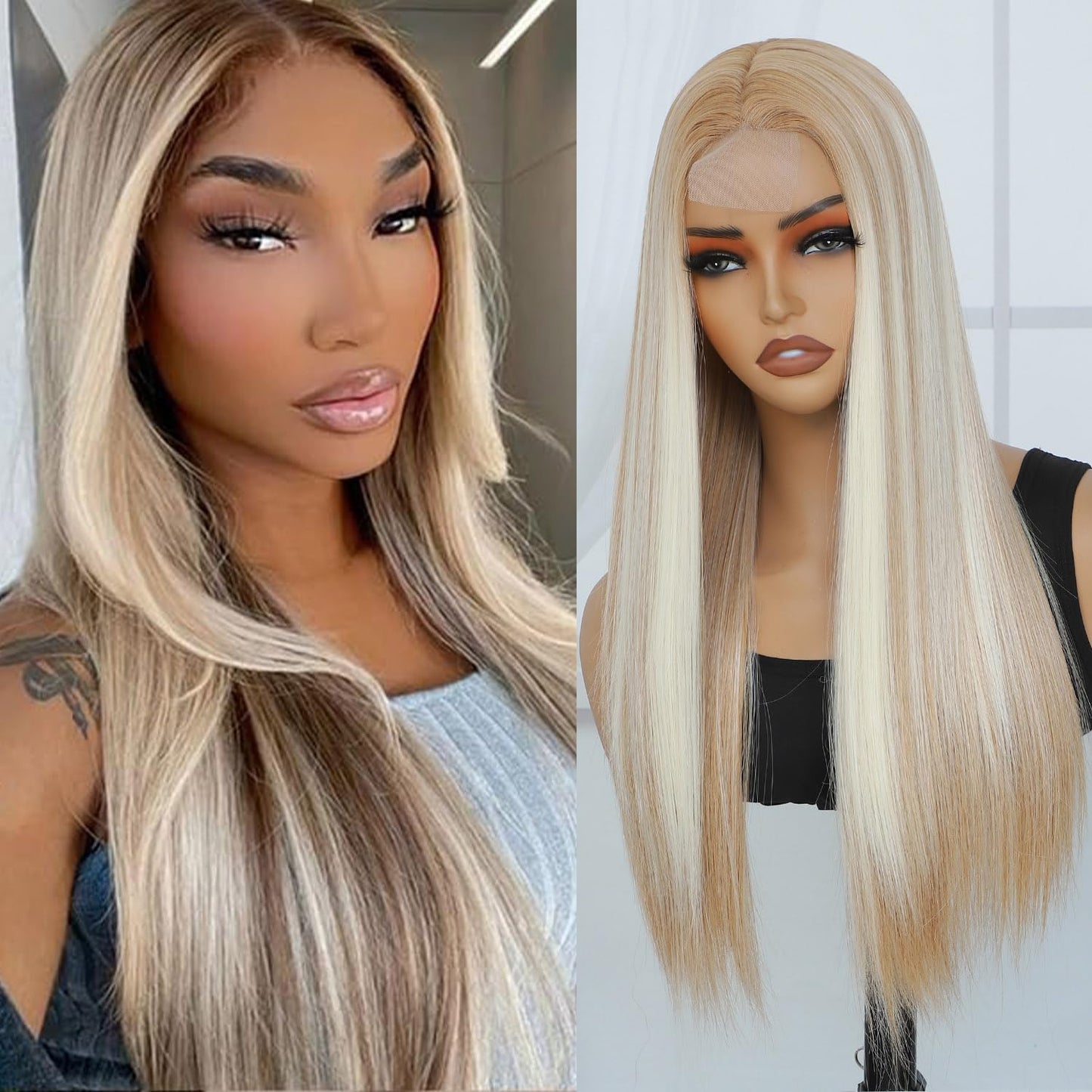 Blonde Highlight Wigs for Women, Blonde Mix Brown Wig with Bangs Silky Soft Fiber Synthetic Wig for Daily Party Use(24 Inch,Blonde Highlight)