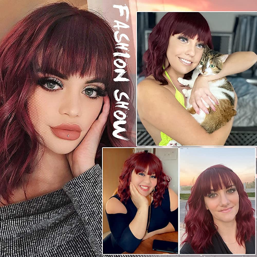 Black Mixed Brown Wig for Black Women 14 Inch Short Wavy Hair Wigs Curly Bob Wig with Bangs Wigs Shoulder Length Wigs for Black Women Bob Style Synthetic Heat Resistant Bob Wigs