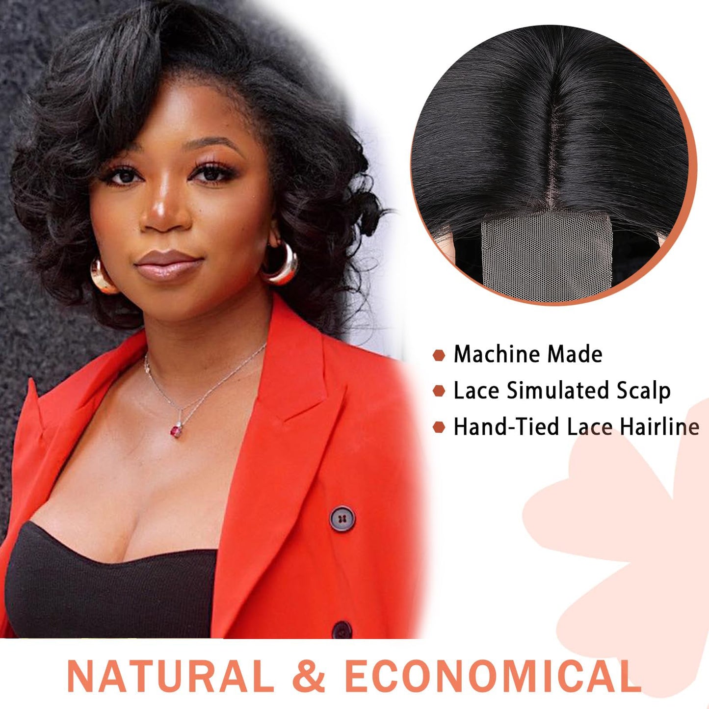 Lady Miranda Loose Wave Lace Part Wig Pure Color Nature Curly Synthetic Heat Resistant Weave Full Wigs for Women(Black)