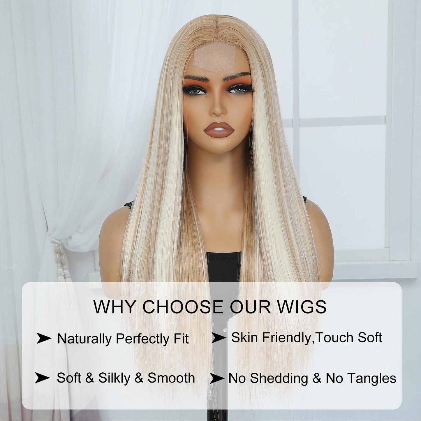 Blonde Highlight Wigs for Women, Blonde Mix Brown Wig with Bangs Silky Soft Fiber Synthetic Wig for Daily Party Use(24 Inch,Blonde Highlight)
