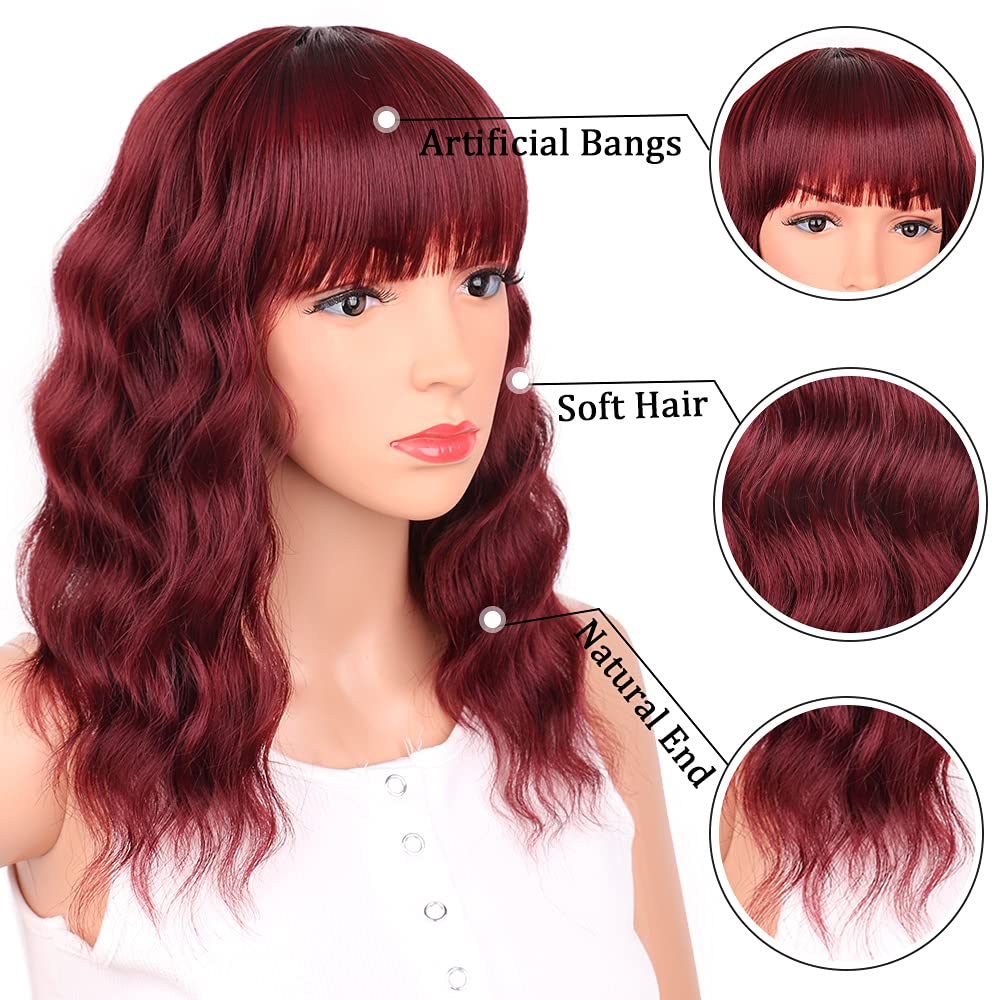 Black Mixed Brown Wig for Black Women 14 Inch Short Wavy Hair Wigs Curly Bob Wig with Bangs Wigs Shoulder Length Wigs for Black Women Bob Style Synthetic Heat Resistant Bob Wigs