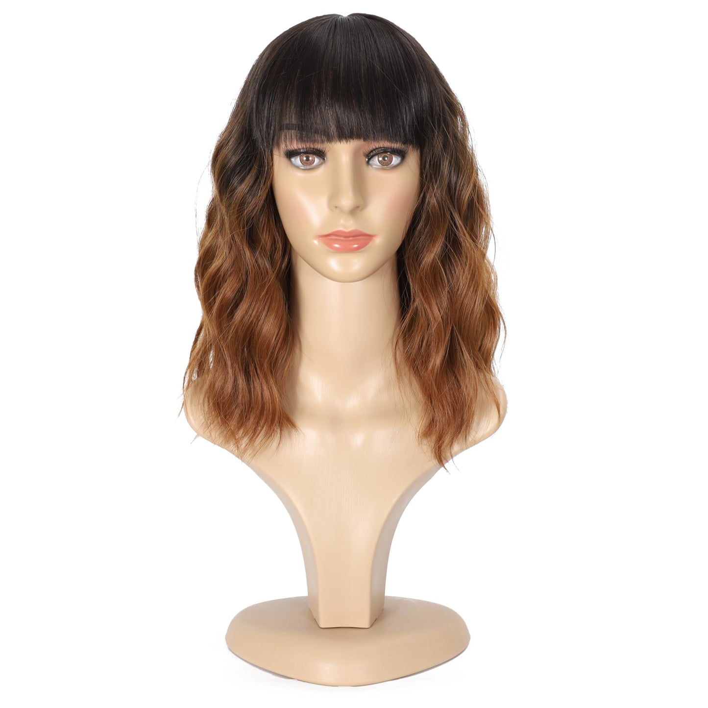 Black Mixed Brown Wig for Black Women 14 Inch Short Wavy Hair Wigs Curly Bob Wig with Bangs Wigs Shoulder Length Wigs for Black Women Bob Style Synthetic Heat Resistant Bob Wigs