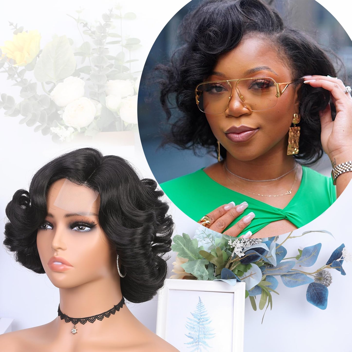 Lady Miranda Loose Wave Lace Part Wig Pure Color Nature Curly Synthetic Heat Resistant Weave Full Wigs for Women(Black)