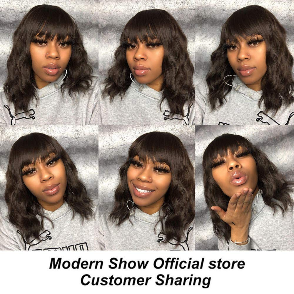 Black Mixed Brown Wig for Black Women 14 Inch Short Wavy Hair Wigs Curly Bob Wig with Bangs Wigs Shoulder Length Wigs for Black Women Bob Style Synthetic Heat Resistant Bob Wigs