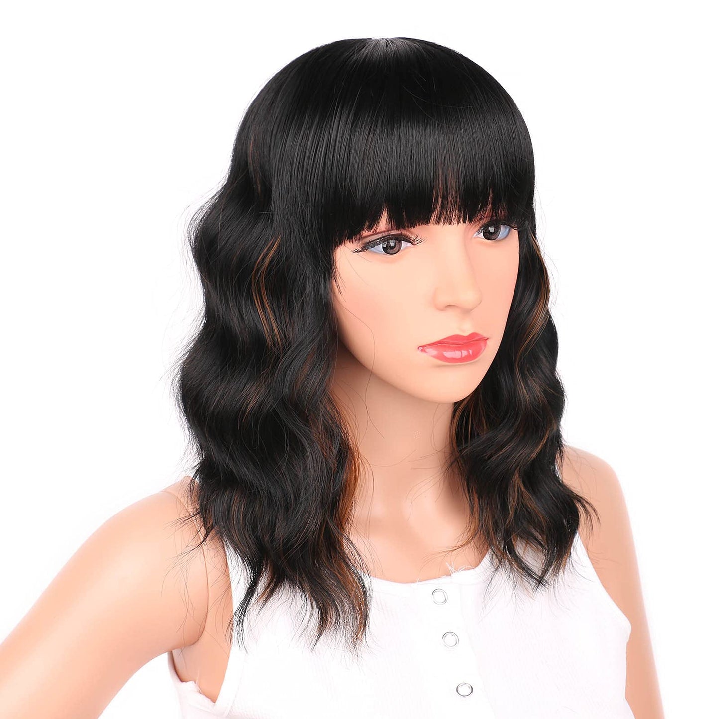 Black Mixed Brown Wig for Black Women 14 Inch Short Wavy Hair Wigs Curly Bob Wig with Bangs Wigs Shoulder Length Wigs for Black Women Bob Style Synthetic Heat Resistant Bob Wigs