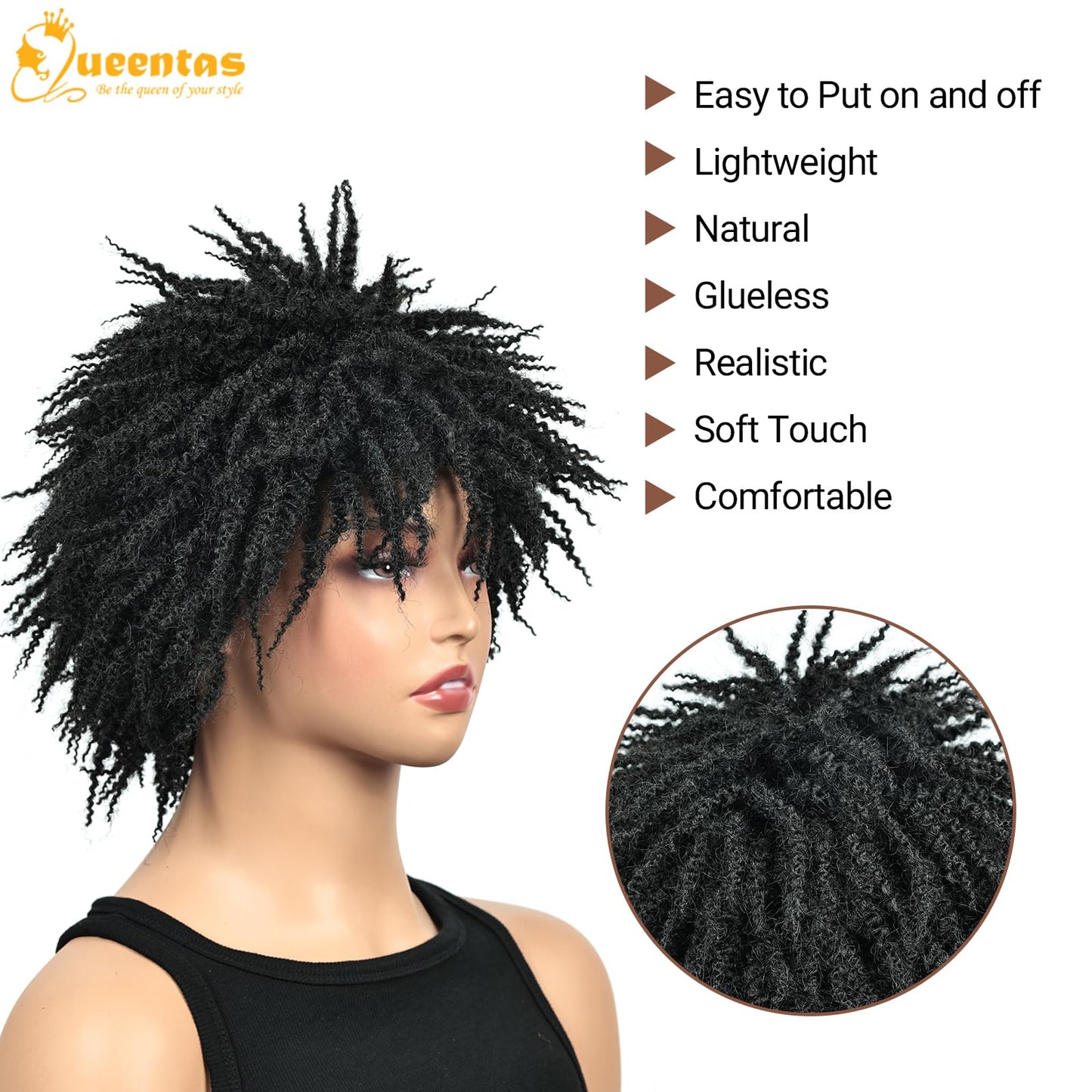 QUEENTAS Dreadlock Wigs for Black Women and Men Short Curly Big Afro Braided Wigs Faux Locs Twist Braiding Synthetic Wigs (Black to Brown)