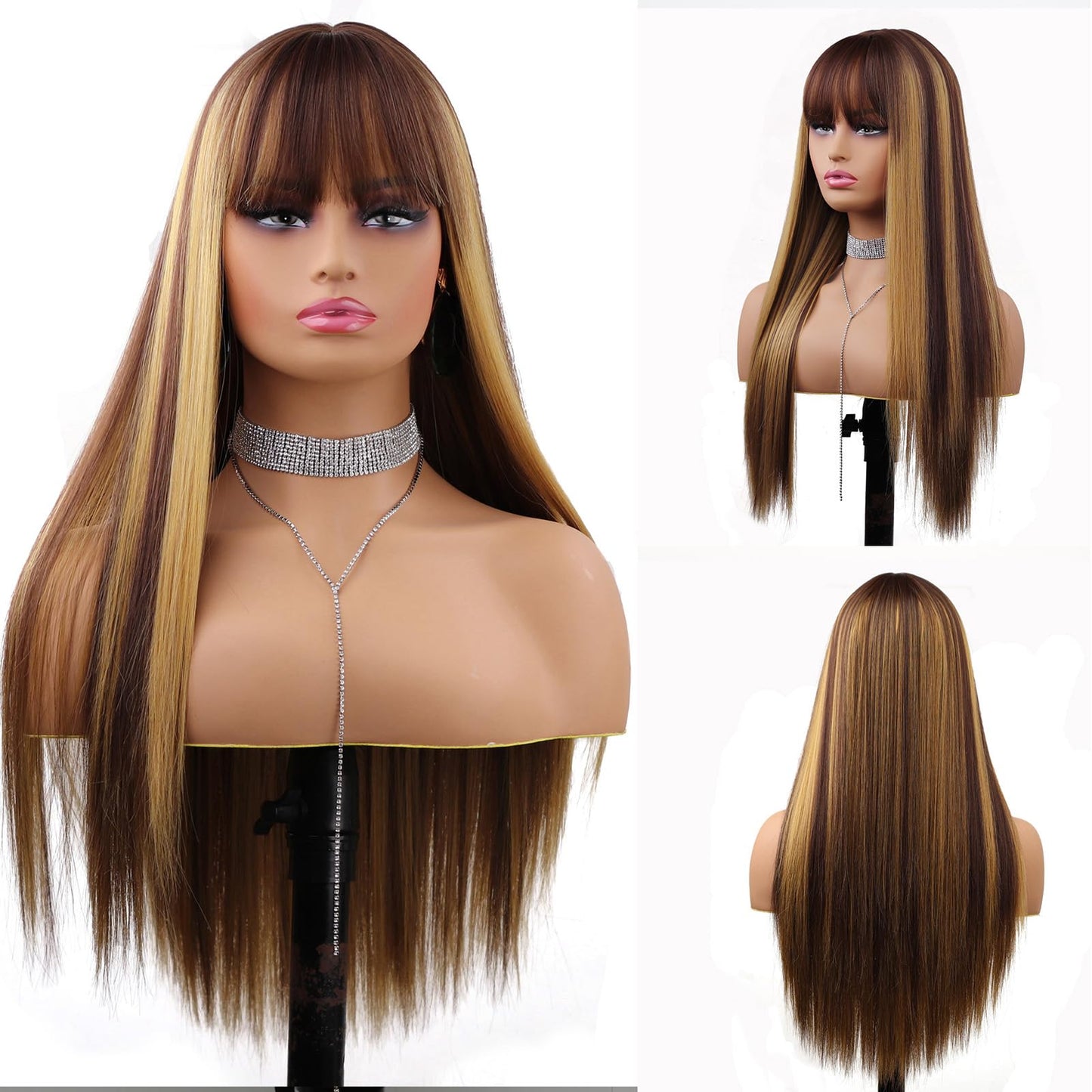 Blonde Highlight Wigs for Women, Blonde Mix Brown Wig with Bangs Silky Soft Fiber Synthetic Wig for Daily Party Use(24 Inch,Blonde Highlight)