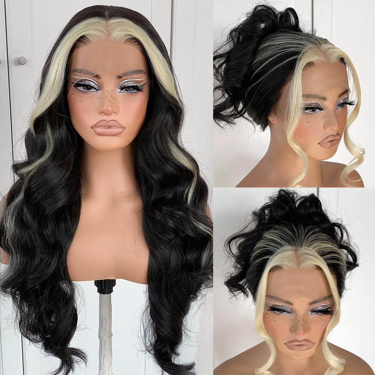 13x6 Skunk Stripe Wig Glueless Lace Front Wigs Pre Plucked Synthetic Body Wave blonde wig Wear and Go lace front wig for black women