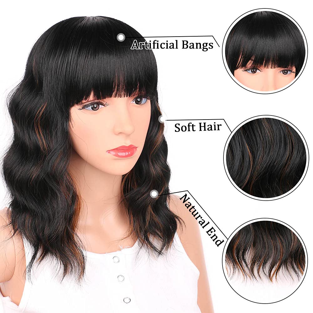 Black Mixed Brown Wig for Black Women 14 Inch Short Wavy Hair Wigs Curly Bob Wig with Bangs Wigs Shoulder Length Wigs for Black Women Bob Style Synthetic Heat Resistant Bob Wigs