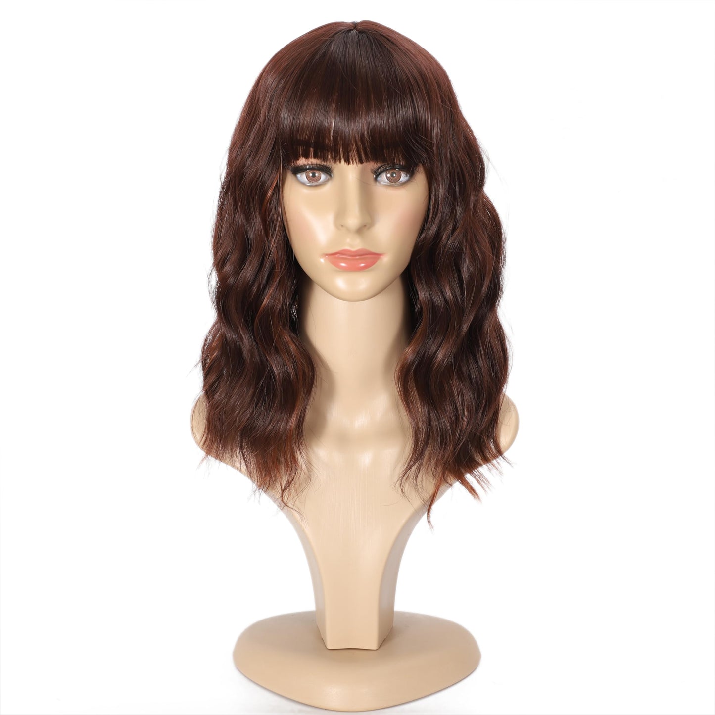 Black Mixed Brown Wig for Black Women 14 Inch Short Wavy Hair Wigs Curly Bob Wig with Bangs Wigs Shoulder Length Wigs for Black Women Bob Style Synthetic Heat Resistant Bob Wigs