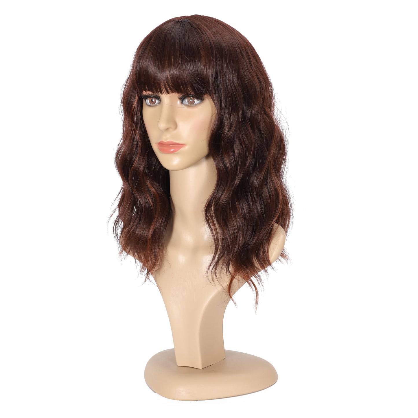 Black Mixed Brown Wig for Black Women 14 Inch Short Wavy Hair Wigs Curly Bob Wig with Bangs Wigs Shoulder Length Wigs for Black Women Bob Style Synthetic Heat Resistant Bob Wigs