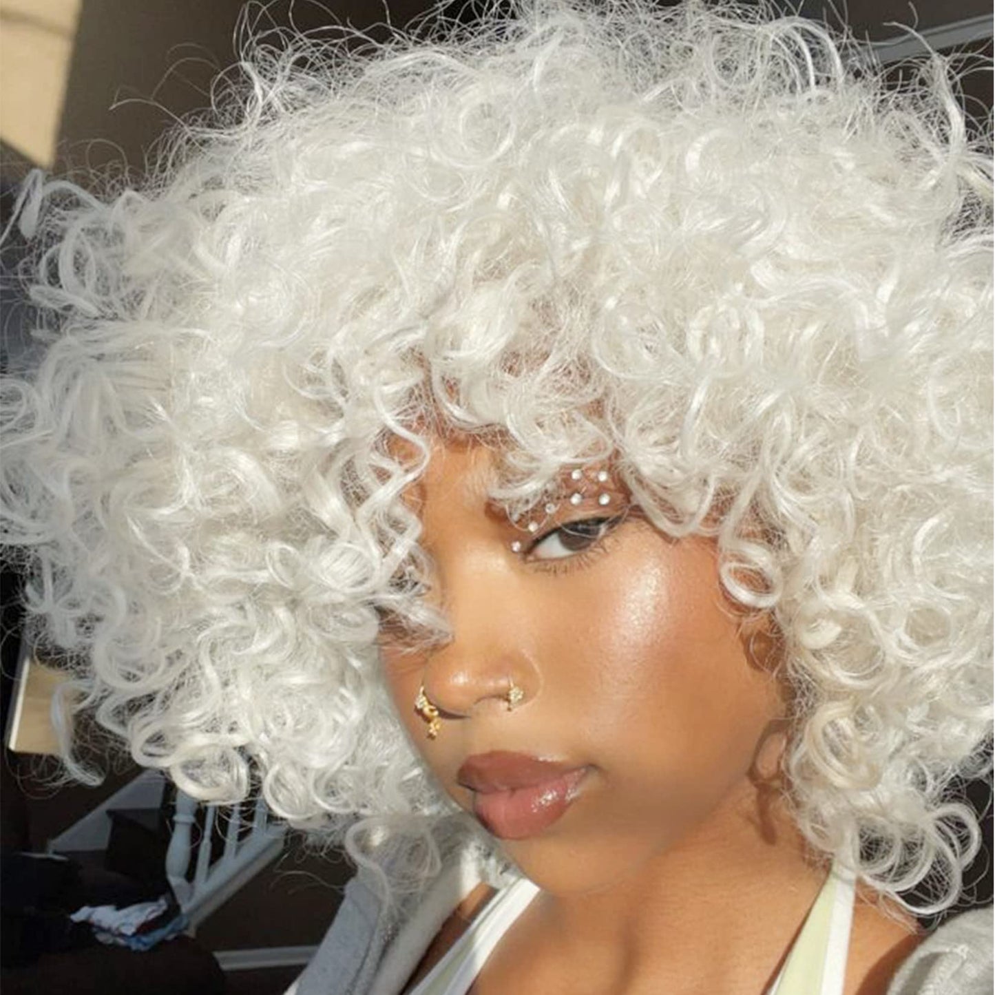 Andromeda Gray Short Curly Wig for Black Women, 14-Inch, Synthetic Fiber, Adjustable Cap, Heat Resistant