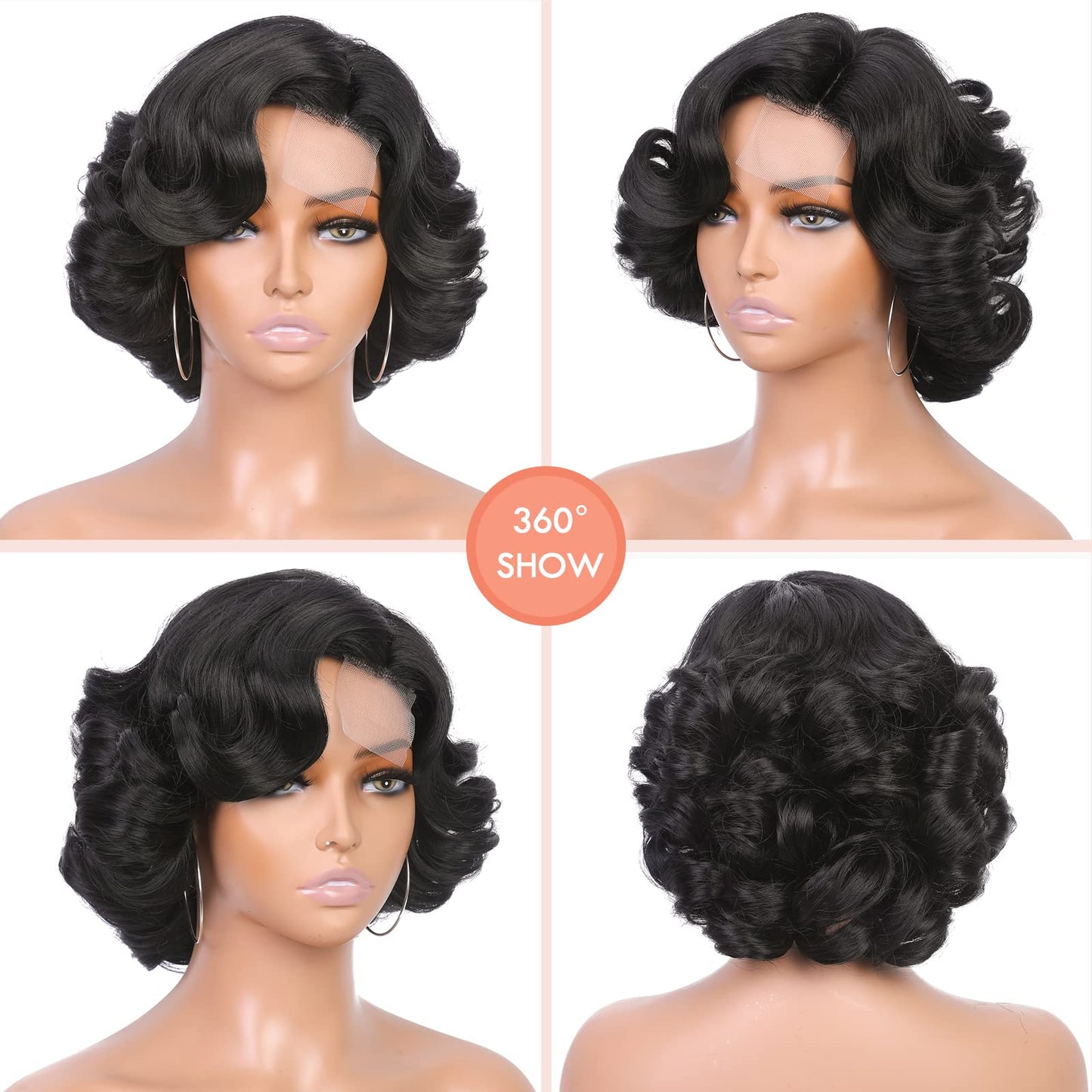 Lady Miranda Loose Wave Lace Part Wig Pure Color Nature Curly Synthetic Heat Resistant Weave Full Wigs for Women(Black)