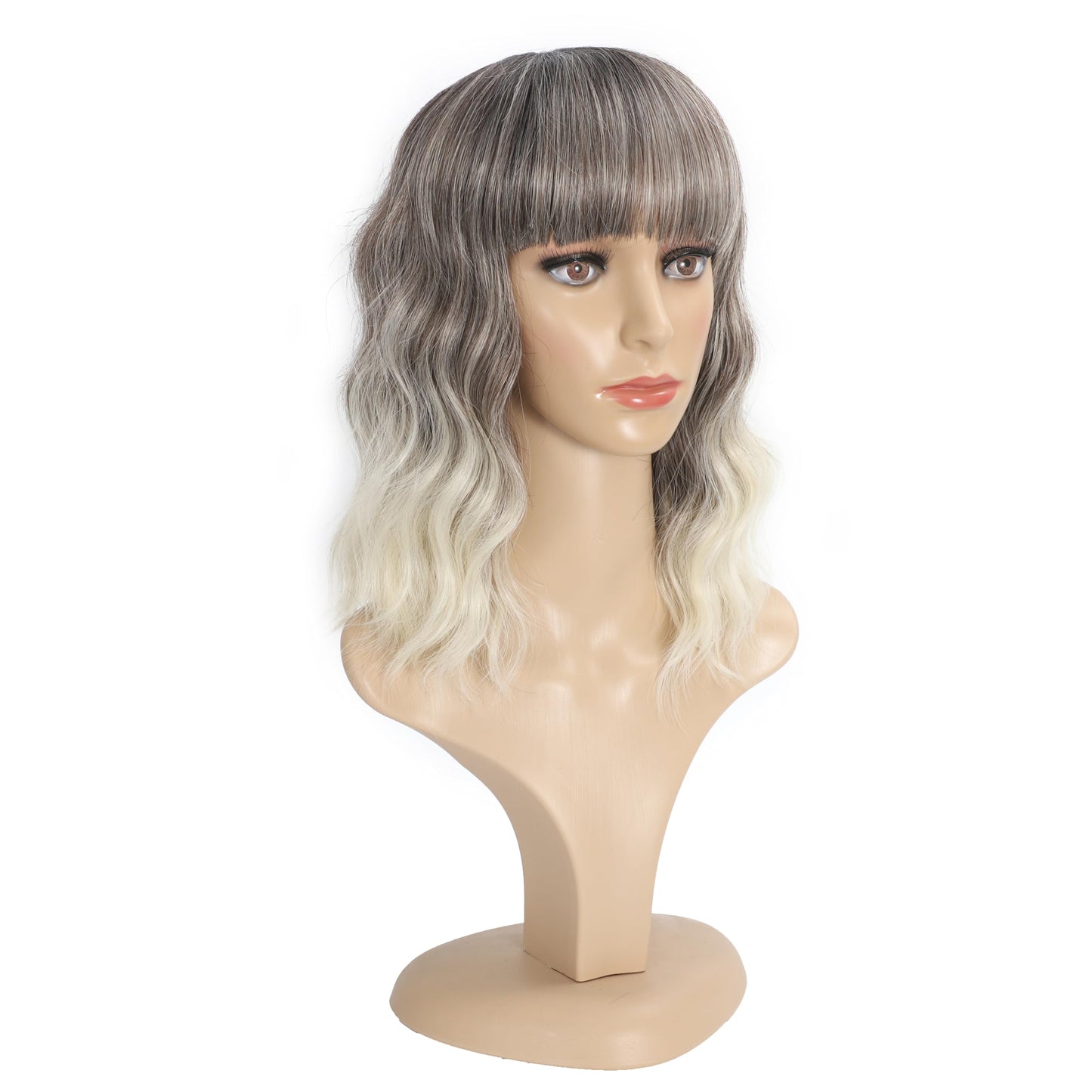 Black Mixed Brown Wig for Black Women 14 Inch Short Wavy Hair Wigs Curly Bob Wig with Bangs Wigs Shoulder Length Wigs for Black Women Bob Style Synthetic Heat Resistant Bob Wigs