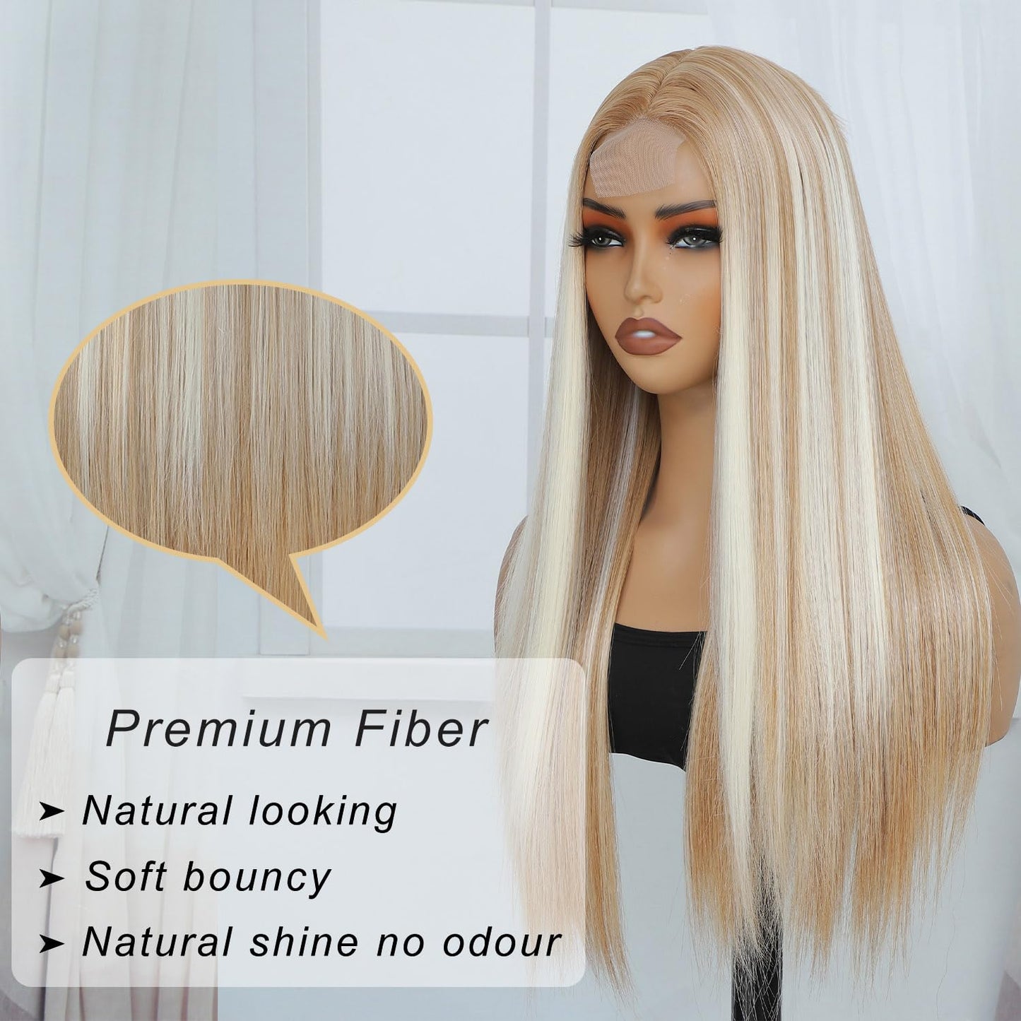 Blonde Highlight Wigs for Women, Blonde Mix Brown Wig with Bangs Silky Soft Fiber Synthetic Wig for Daily Party Use(24 Inch,Blonde Highlight)