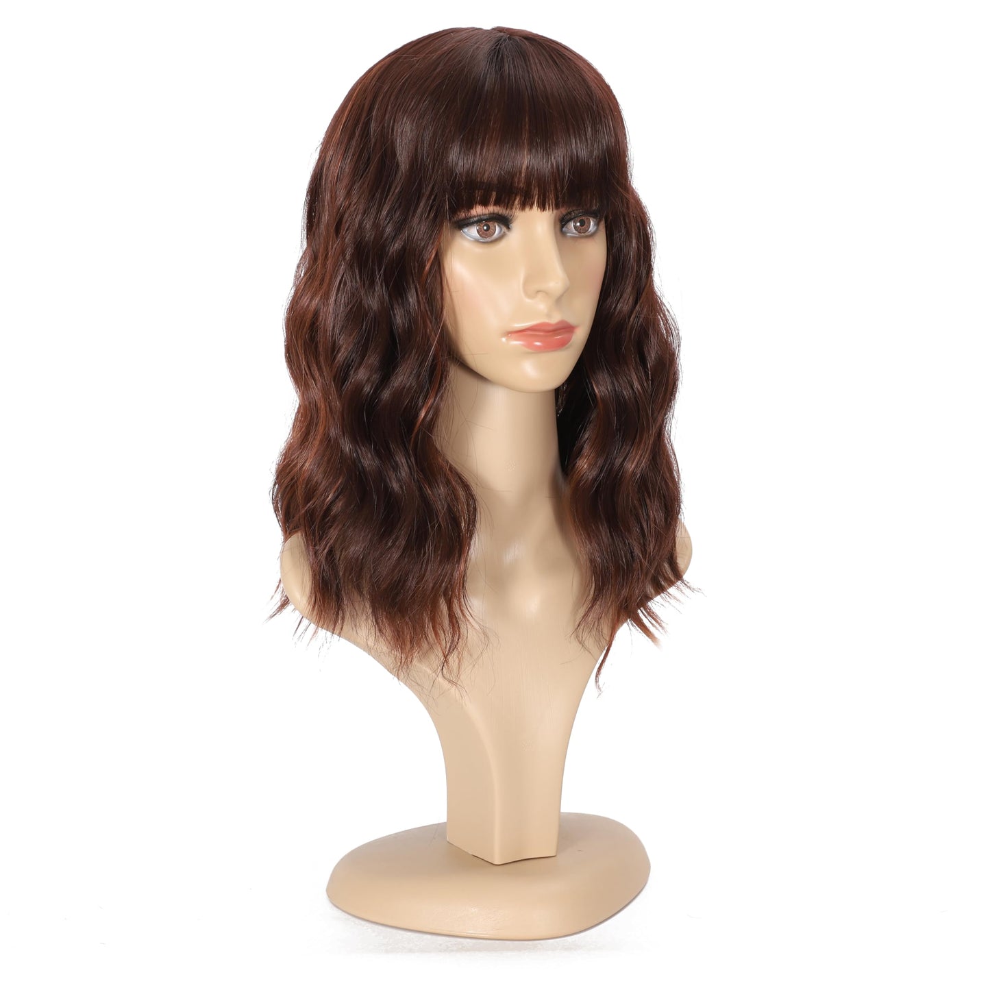 Black Mixed Brown Wig for Black Women 14 Inch Short Wavy Hair Wigs Curly Bob Wig with Bangs Wigs Shoulder Length Wigs for Black Women Bob Style Synthetic Heat Resistant Bob Wigs