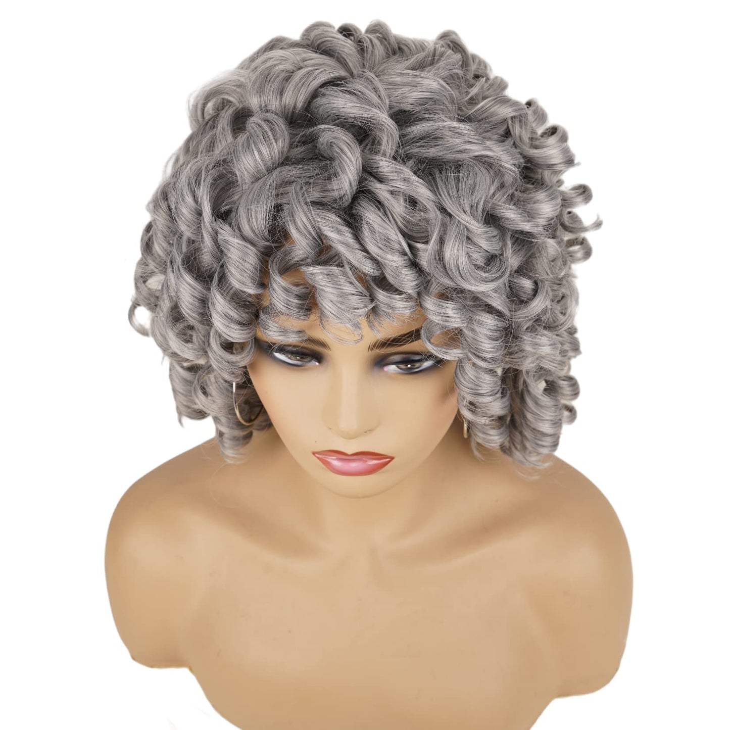 Andromeda Gray Short Curly Wig for Black Women, 14-Inch, Synthetic Fiber, Adjustable Cap, Heat Resistant