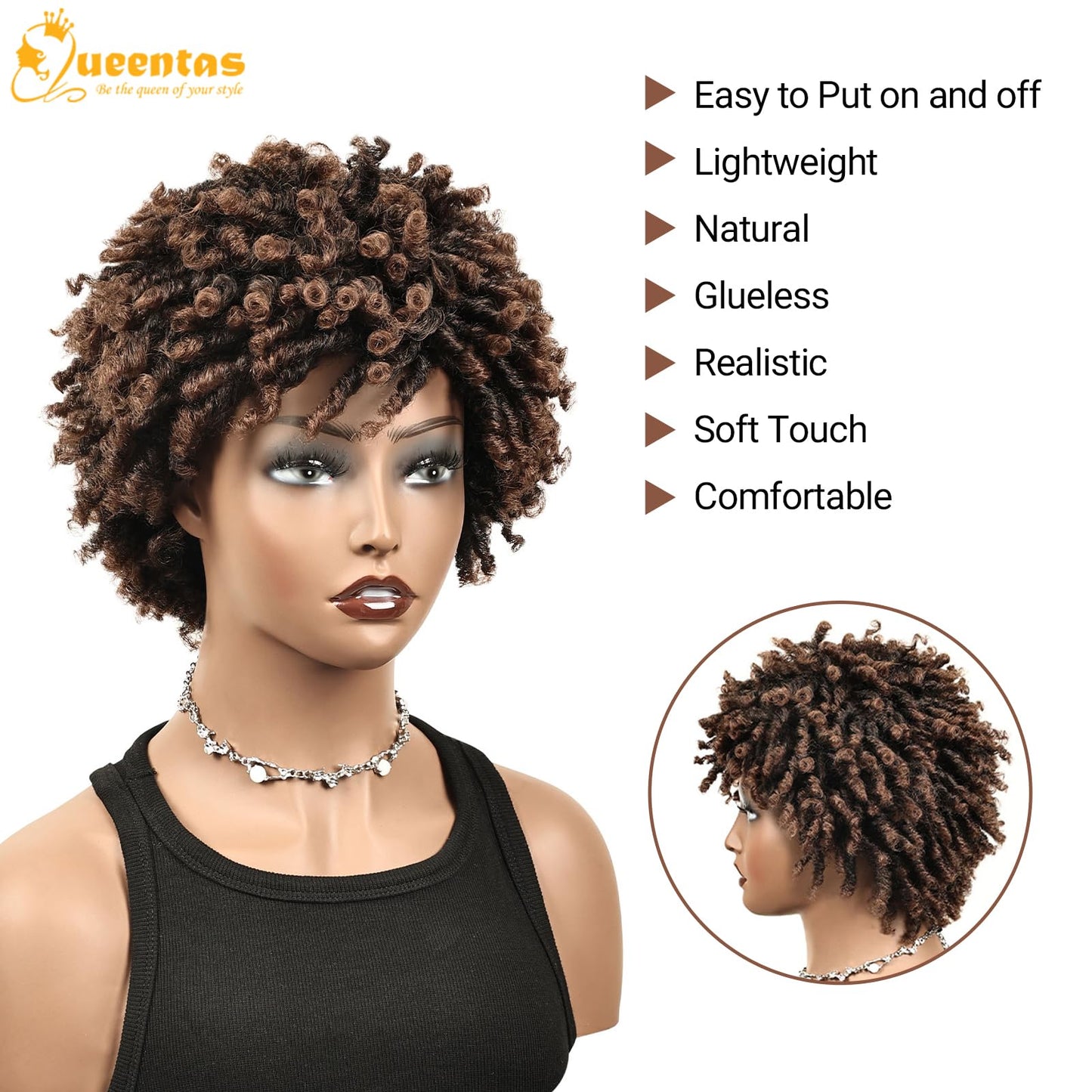 QUEENTAS Dreadlock Wigs for Black Women and Men Short Curly Big Afro Braided Wigs Faux Locs Twist Braiding Synthetic Wigs (Black to Brown)