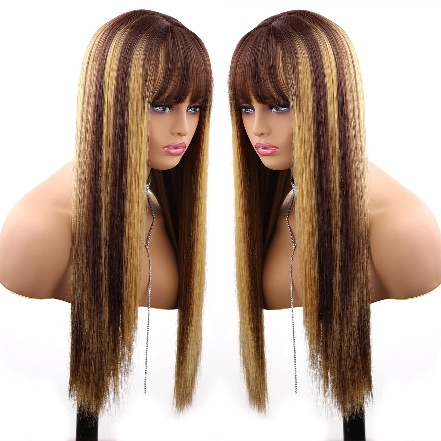 Blonde Highlight Wigs for Women, Blonde Mix Brown Wig with Bangs Silky Soft Fiber Synthetic Wig for Daily Party Use(24 Inch,Blonde Highlight)