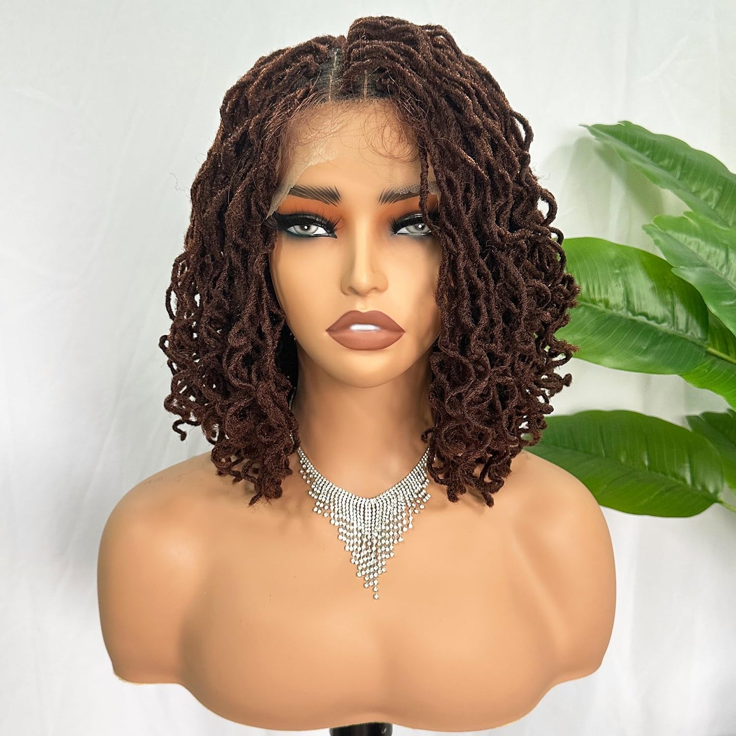 SOKU Short Curly Faux Locs Lace Frontal Wig 12 Inch Natural Black 4x4 Large Parting Space Twist Dreadlock Wigs for Black Women Afro Curly Braided Synthetic Wig