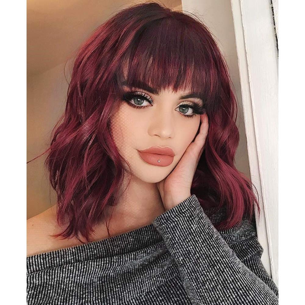 Black Mixed Brown Wig for Black Women 14 Inch Short Wavy Hair Wigs Curly Bob Wig with Bangs Wigs Shoulder Length Wigs for Black Women Bob Style Synthetic Heat Resistant Bob Wigs