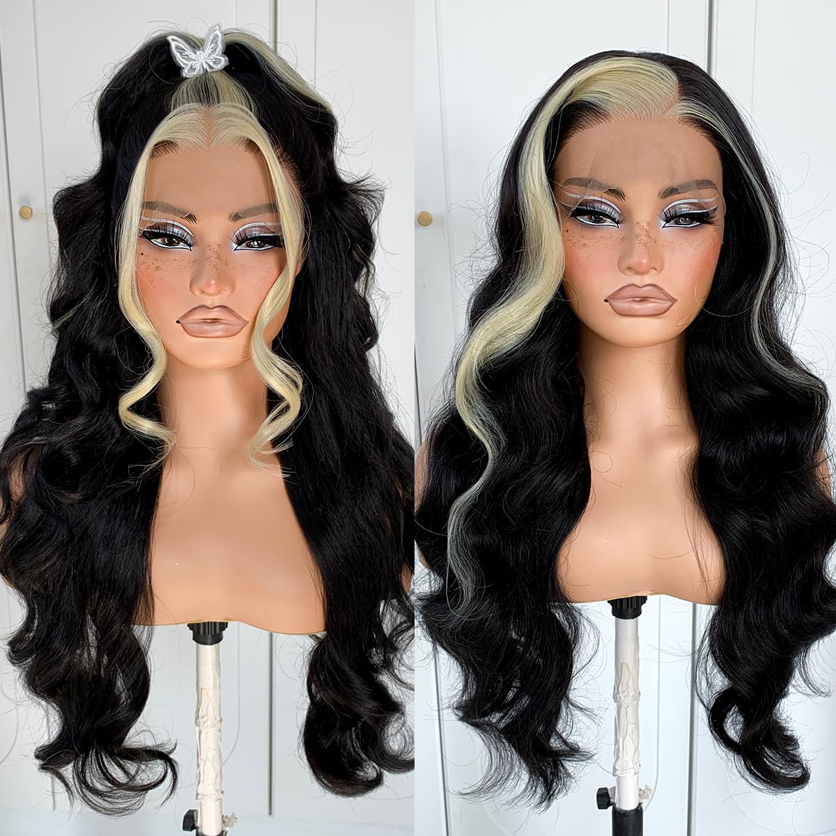 13x6 Skunk Stripe Wig Glueless Lace Front Wigs Pre Plucked Synthetic Body Wave blonde wig Wear and Go lace front wig for black women