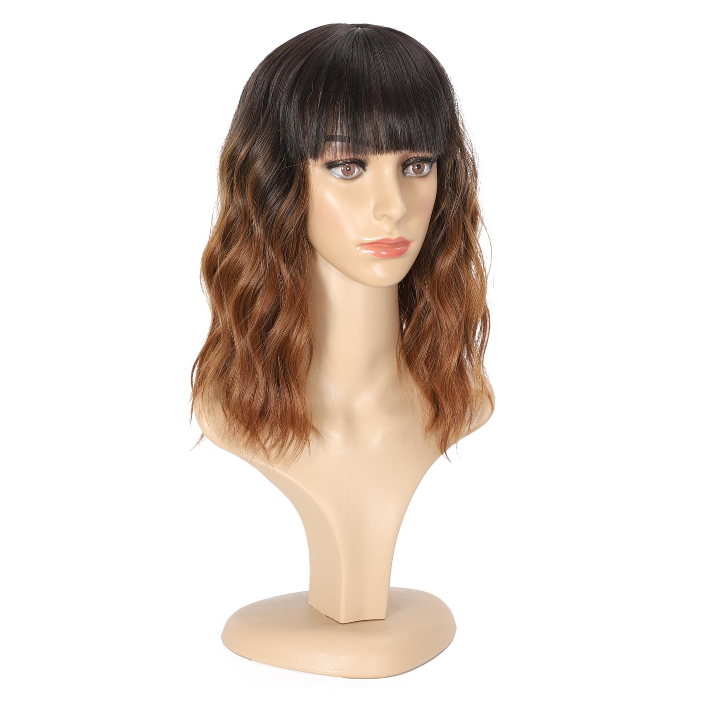 Black Mixed Brown Wig for Black Women 14 Inch Short Wavy Hair Wigs Curly Bob Wig with Bangs Wigs Shoulder Length Wigs for Black Women Bob Style Synthetic Heat Resistant Bob Wigs