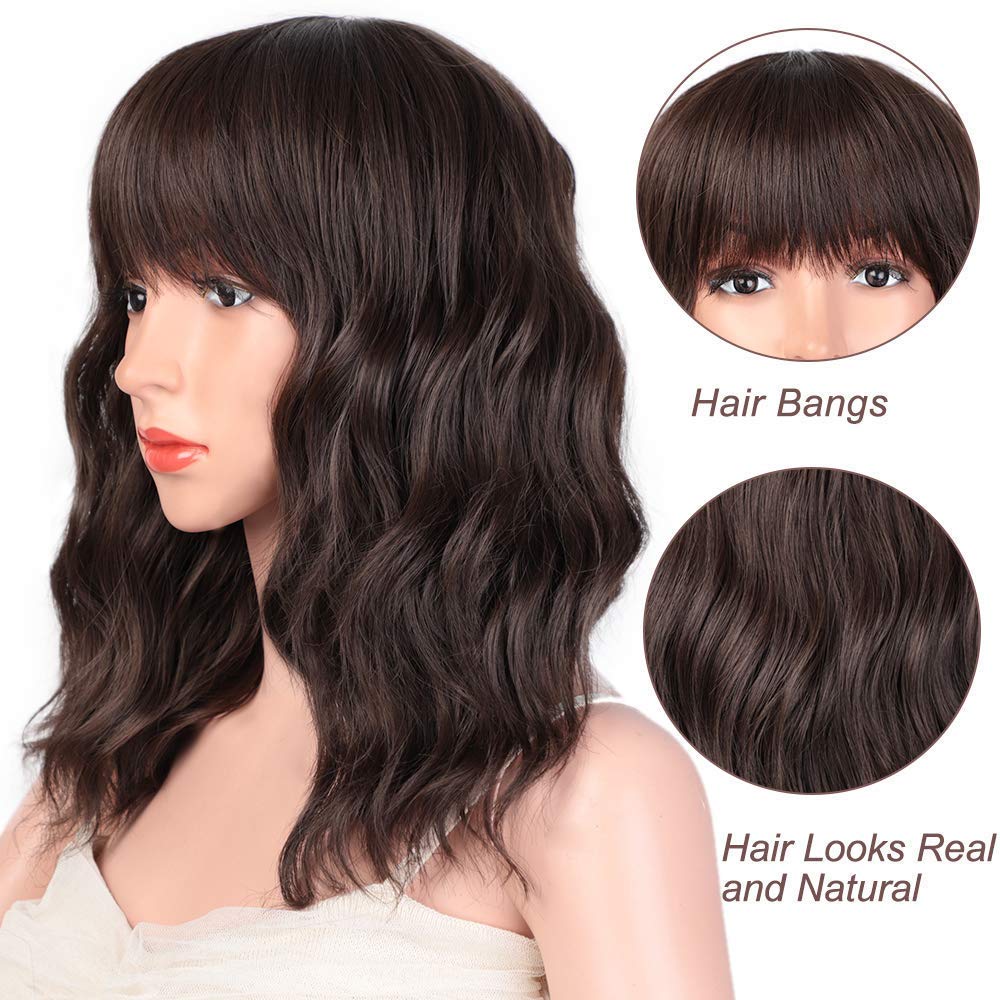 Black Mixed Brown Wig for Black Women 14 Inch Short Wavy Hair Wigs Curly Bob Wig with Bangs Wigs Shoulder Length Wigs for Black Women Bob Style Synthetic Heat Resistant Bob Wigs