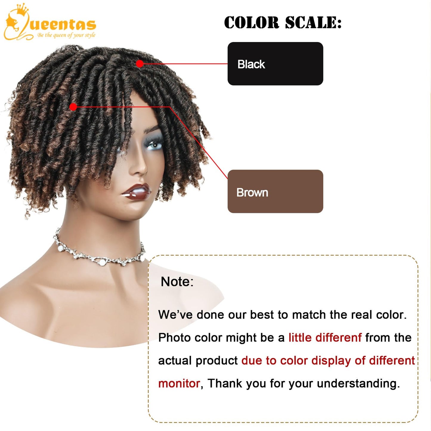 QUEENTAS Dreadlock Wigs for Black Women and Men Short Curly Big Afro Braided Wigs Faux Locs Twist Braiding Synthetic Wigs (Black to Brown)