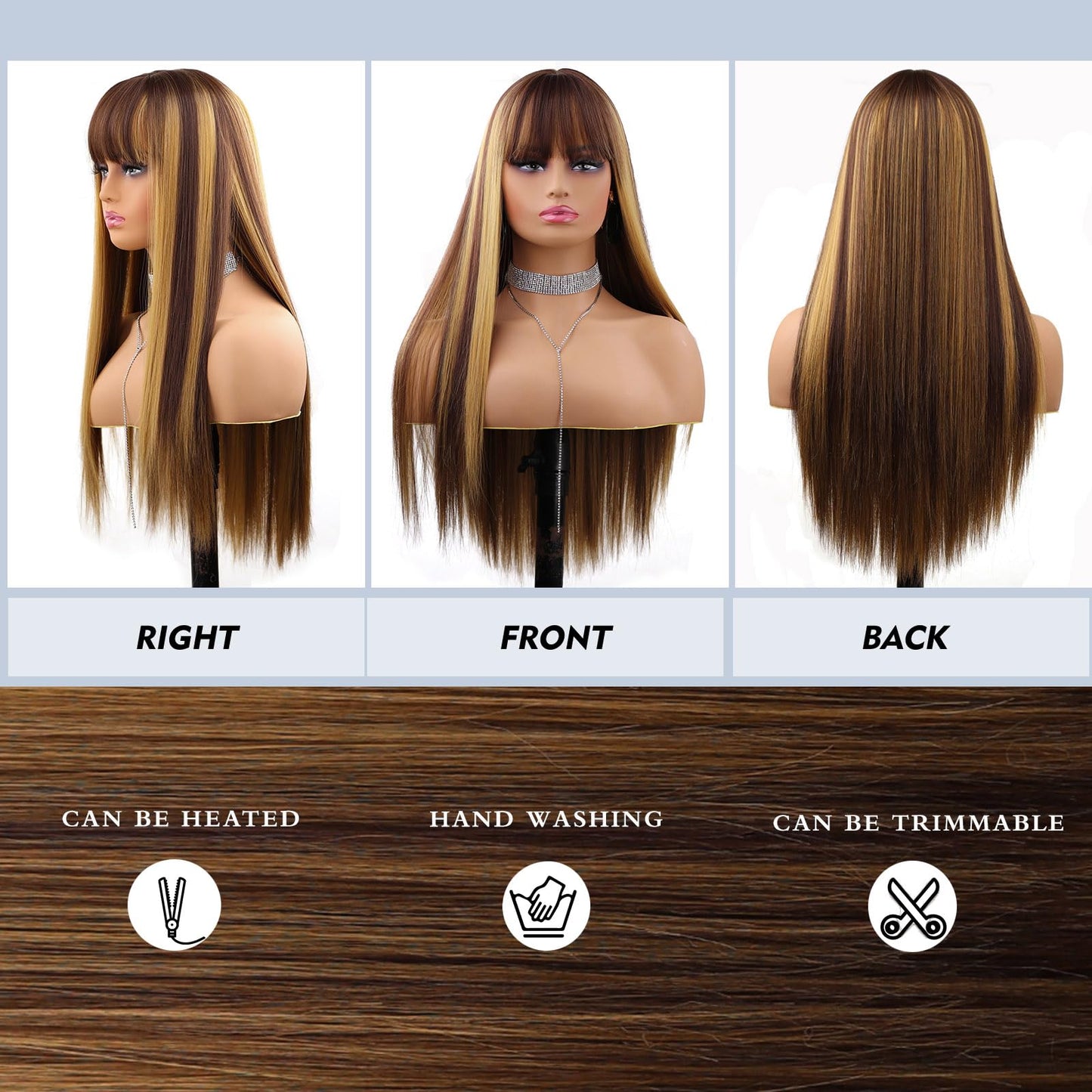 Blonde Highlight Wigs for Women, Blonde Mix Brown Wig with Bangs Silky Soft Fiber Synthetic Wig for Daily Party Use(24 Inch,Blonde Highlight)