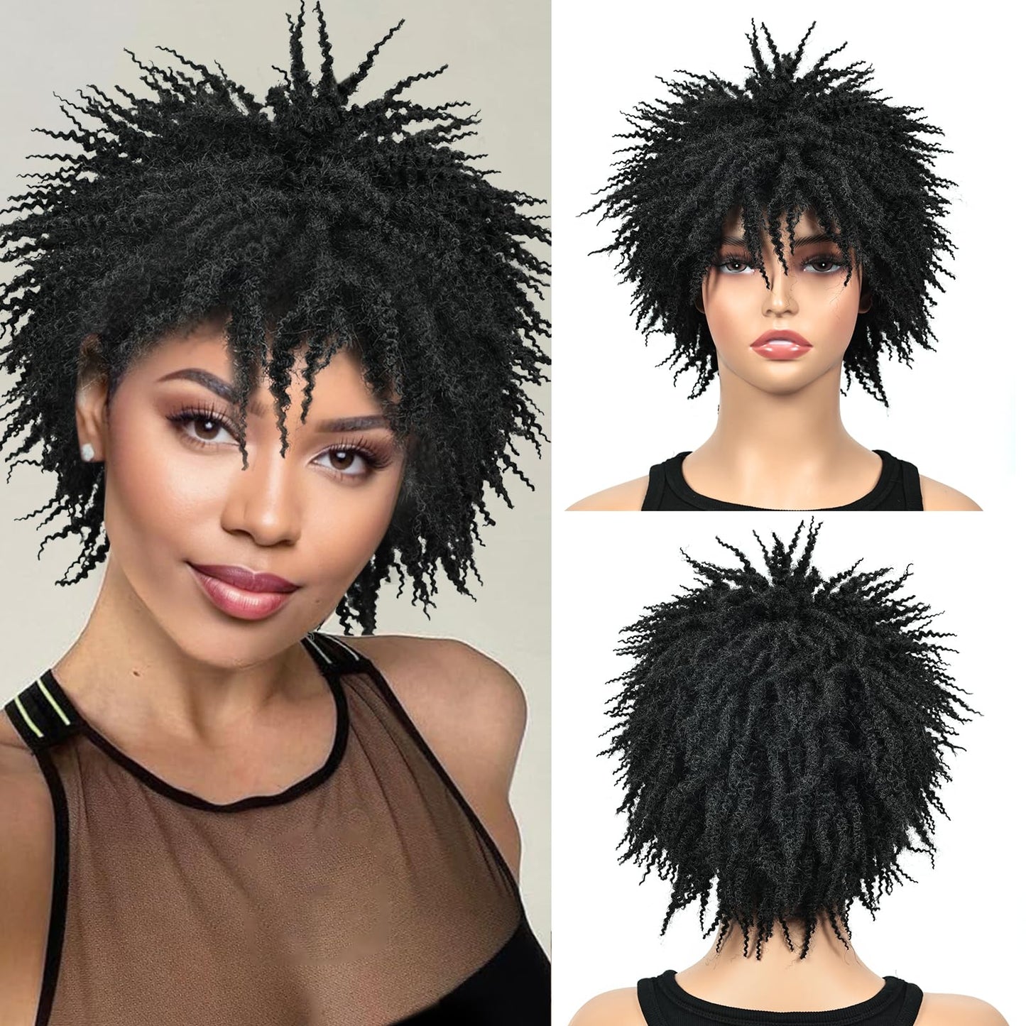QUEENTAS Dreadlock Wigs for Black Women and Men Short Curly Big Afro Braided Wigs Faux Locs Twist Braiding Synthetic Wigs (Black to Brown)